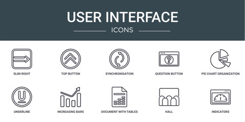 set of 10 outline web user interface icons such as slim right, top button, synchronisation, question button, pie chart organization, underline, increasing bars graphic vector icons for report,