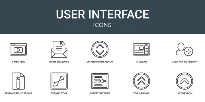 set of 10 outline web user interface icons such as video file, open envelope, up and down arrow, sidebar, contact notebook, remove right frame, expand tool vector icons for report, presentation,
