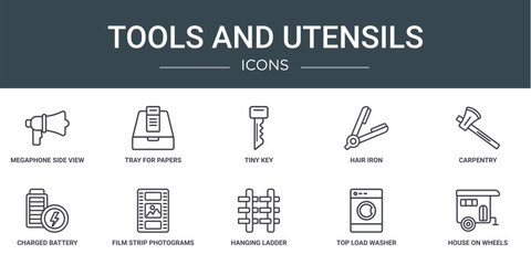 set of 10 outline web tools and utensils icons such as megaphone side view, tray for papers, tiny key, hair iron, carpentry, charged battery, film strip photograms vector icons for report,