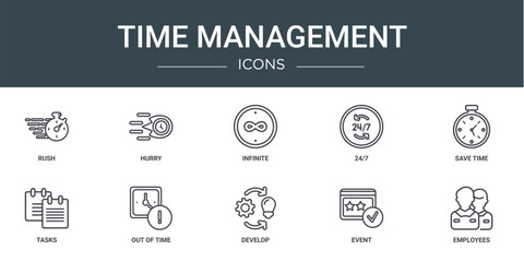 set of 10 outline web time management icons such as rush, hurry, infinite, 24/7, save time, tasks, out of time vector icons for report, presentation, diagram, web design, mobile app