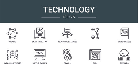 set of 10 outline web technology icons such as organic, email marketing, relational database management system, , raster images, data architecture, meta elements vector icons for report, - obrazy, fototapety, plakaty
