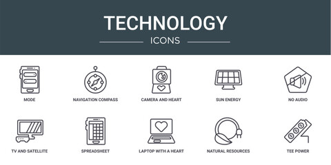 Fototapeta premium set of 10 outline web technology icons such as mode, navigation compass, camera and heart picture, sun energy, no audio, tv and satellite, spreadsheet vector icons for report, presentation, diagram,