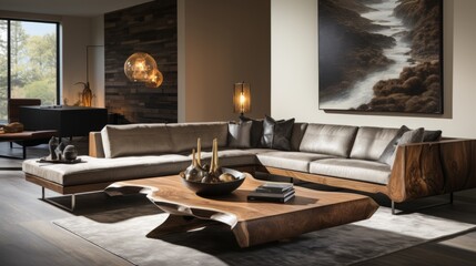 Sleek Sofa and Live Edge Wooden Coffee Table, Contemporary Elegance in Interior Design: Modern Living Room: Close-Up