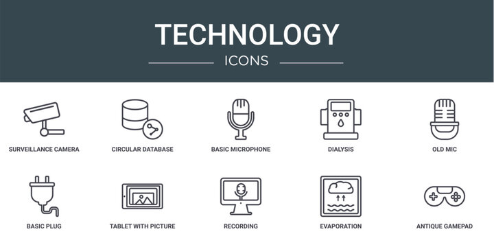 set of 10 outline web technology icons such as surveillance camera, circular database, basic microphone, dialysis, old mic, basic plug, tablet with picture vector icons for report, presentation,
