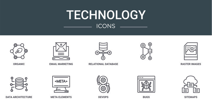 set of 10 outline web technology icons such as organic, email marketing, relational database management system, , raster images, data architecture, meta elements vector icons for report,