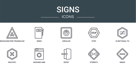 set of 10 outline web signs icons such as biohazard risk triangular, index, circular, stop, is not equal to, multiply, washing hine vector icons for report, presentation, diagram, web design, mobile