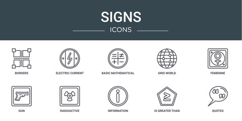 Fototapeta na wymiar set of 10 outline web signs icons such as borders, electric current, basic mathematical, grid world, femenine, gun, radioactive vector icons for report, presentation, diagram, web design, mobile app