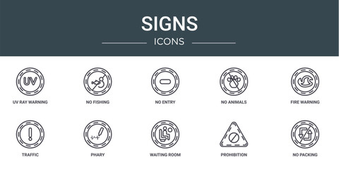 set of 10 outline web signs icons such as uv ray warning, no fishing, no entry, no animals, fire warning, traffic, phary vector icons for report, presentation, diagram, web design, mobile app