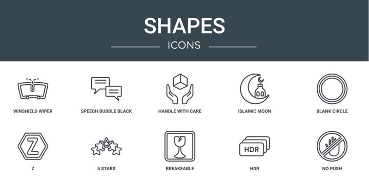 set of 10 outline web shapes icons such as winshield wiper, speech bubble black, handle with care, islamic moon, blank circle, z, 5 stars vector icons for report, presentation, diagram, web design,