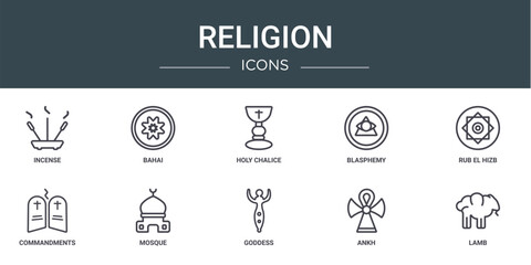 set of 10 outline web religion icons such as incense, bahai, holy chalice, blasphemy, rub el hizb, commandments, mosque vector icons for report, presentation, diagram, web design, mobile app - obrazy, fototapety, plakaty