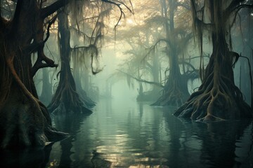 Mysterious scene of misty swamp filled with strange, contorted trees immersed in water. Generative AI - obrazy, fototapety, plakaty