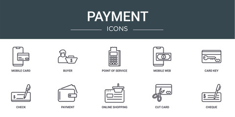 set of 10 outline web payment icons such as mobile card, buyer, point of service, mobile web, card key, check, payment vector icons for report, presentation, diagram, web design, mobile app