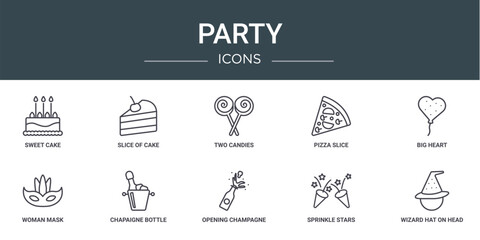 set of 10 outline web party icons such as sweet cake, slice of cake, two candies, pizza slice, big heart, woman mask, chapaigne bottle in bucket vector icons for report, presentation, diagram, web