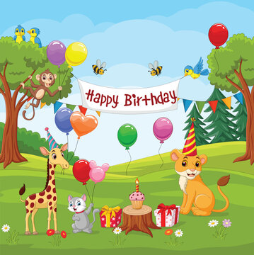 Happy birthday greetings with funny animals on the nature landscape background