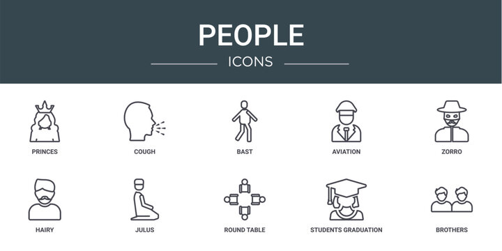 set of 10 outline web people icons such as princes, cough, bast, aviation, zorro, hairy, julus vector icons for report, presentation, diagram, web design, mobile app