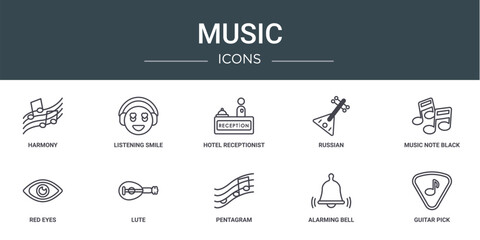 set of 10 outline web music icons such as harmony, listening smile, hotel receptionist, russian, music note black, red eyes, lute vector icons for report, presentation, diagram, web design, mobile