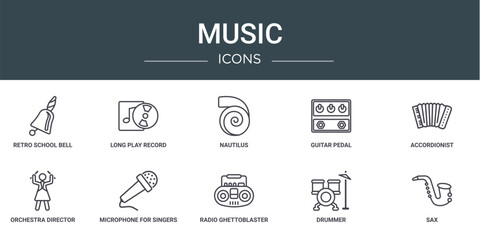 set of 10 outline web music icons such as retro school bell, long play record cover, nautilus, guitar pedal, accordionist, orchestra director, microphone for singers vector icons for report, - obrazy, fototapety, plakaty