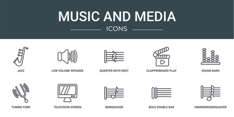 set of 10 outline web music and media icons such as jazz, low volume speaker, quarter note rest, clapperboard play button, sound bars, tuning fork, television screen off vector icons for report,
