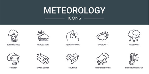 set of 10 outline web meteorology icons such as burning tree, revolution, tsunami wave, overcast, hailstorm, twister, space comet vector icons for report, presentation, diagram, web design, mobile