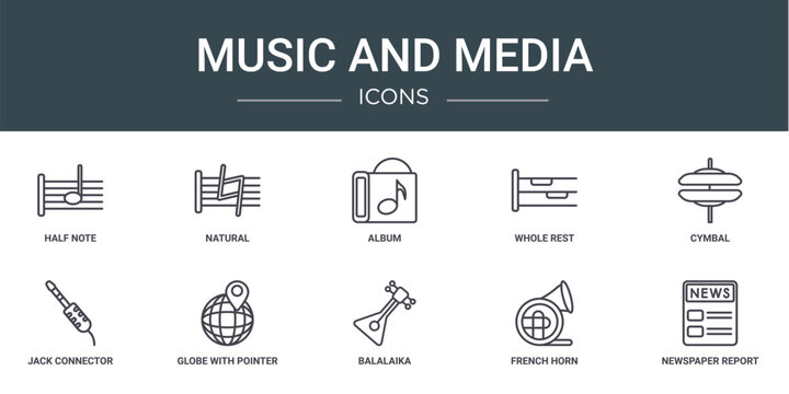 set of 10 outline web music and media icons such as half note, natural, album, whole rest, cymbal, jack connector, globe with pointer vector icons for report, presentation, diagram, web design,
