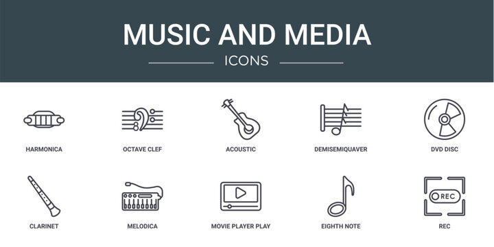 set of 10 outline web music and media icons such as harmonica, octave clef, acoustic, demisemiquaver, dvd disc, clarinet, melodica vector icons for report, presentation, diagram, web design, mobile