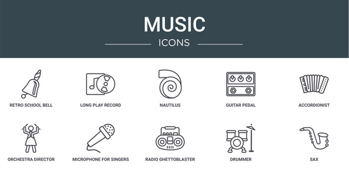 set of 10 outline web music icons such as retro school bell, long play record cover, nautilus, guitar pedal, accordionist, orchestra director, microphone for singers vector icons for report,