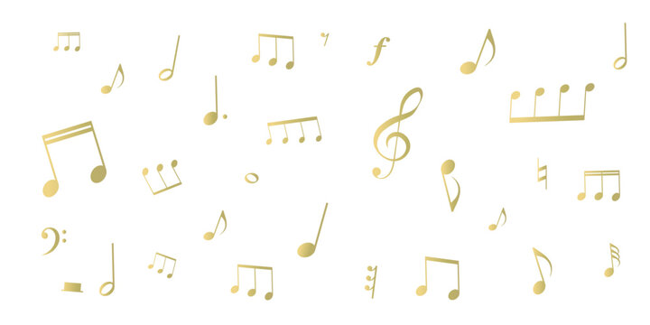 ゴールドの音符と音楽記号の壁紙　パターン　背景イラスト　ベクター素材	