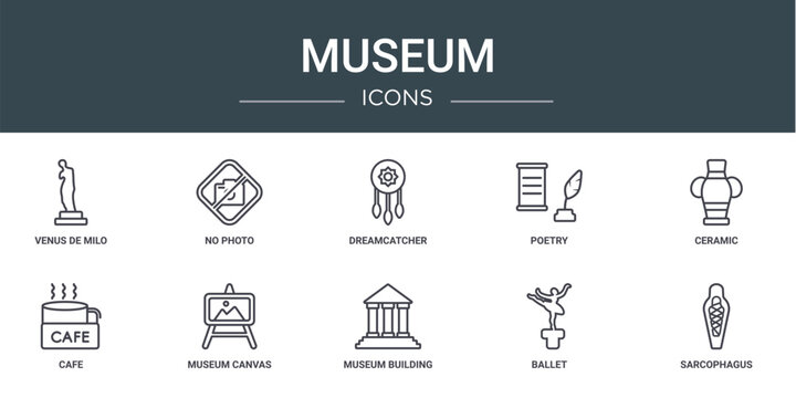 set of 10 outline web museum icons such as venus de milo, no photo, dreamcatcher, poetry, ceramic, cafe, museum canvas vector icons for report, presentation, diagram, web design, mobile app