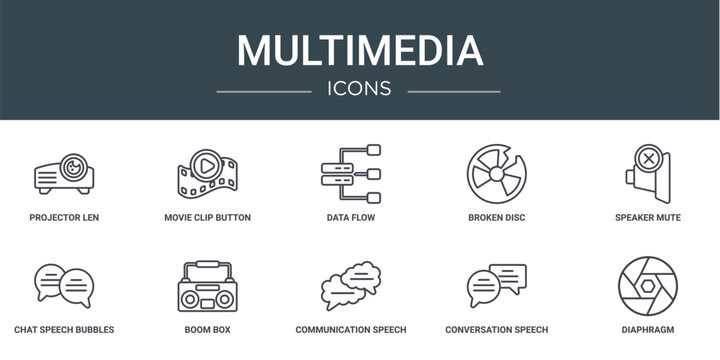set of 10 outline web multimedia icons such as projector len, movie clip button, data flow, broken disc, speaker mute, chat speech bubbles, boom box vector icons for report, presentation, diagram,
