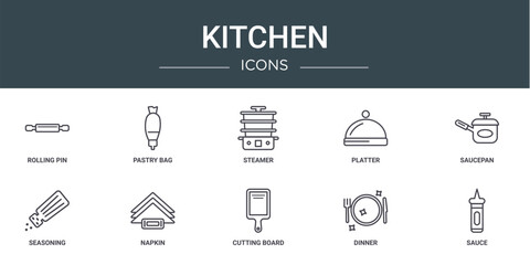 set of 10 outline web kitchen icons such as rolling pin, pastry bag, steamer, platter, saucepan, seasoning, napkin vector icons for report, presentation, diagram, web design, mobile app
