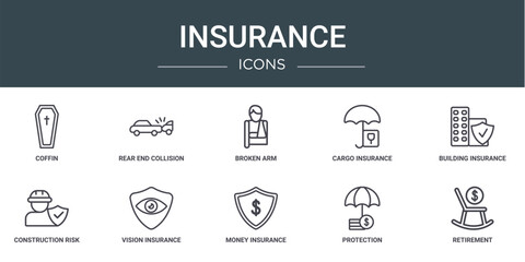 set of 10 outline web insurance icons such as coffin, rear end collision, broken arm, cargo insurance, building insurance, construction risk, vision vector icons for report, presentation, diagram, © Digital Bazaar