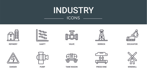 set of 10 outline web industry icons such as refinery, gantt, valve, derrick, excavator, danger, pump vector icons for report, presentation, diagram, web design, mobile app