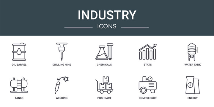 set of 10 outline web industry icons such as oil barrel, drilling hine, chemicals, stats, water tank, tanks, welding vector icons for report, presentation, diagram, web design, mobile app