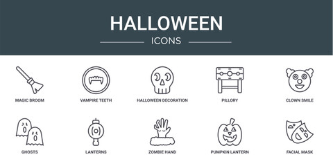 set of 10 outline web halloween icons such as magic broom, vampire teeth, halloween decoration, pillory, clown smile, ghosts, lanterns vector icons for report, presentation, diagram, web design, - obrazy, fototapety, plakaty