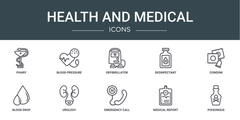 set of 10 outline web health and medical icons such as phary, blood pressure, defibrillator, desinfectant, condom, blood drop, urology vector icons for report, presentation, diagram, web design,