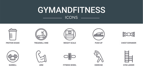 set of 10 outline web gymandfitness icons such as protein shake, treadmill hine, weight scale, push up, chest expander, barbell, arm vector icons for report, presentation, diagram, web design, - obrazy, fototapety, plakaty