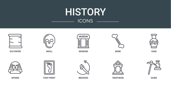 set of 10 outline web history icons such as old paper, skull, museum, bone, vase, sphinx, foot print vector icons for report, presentation, diagram, web design, mobile app