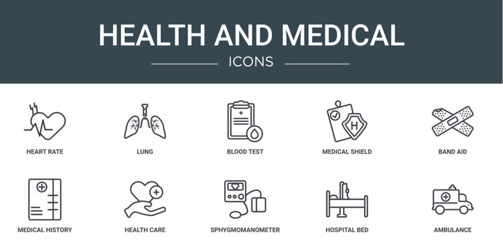 Set Of 10 Outline Web Health And Medical Icons Such As Heart Rate, Lung, Blood Test, Medical Shield, Band Aid, Medical History, Health Care Vector Icons For Report, Presentation, Diagram, Web