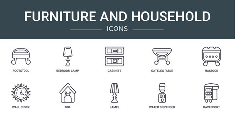 set of 10 outline web furniture and household icons such as footstool, bedroom lamp, cabinets, gateleg table, hassock, wall clock, dog vector icons for report, presentation, diagram, web design,