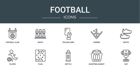 set of 10 outline web football icons such as football club, seats, yellow card, corner, boots, player, plan vector icons for report, presentation, diagram, web design, mobile app