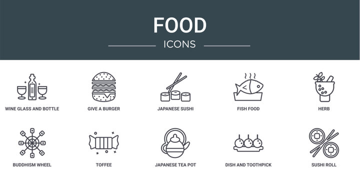set of 10 outline web food icons such as wine glass and bottle, give a burger, japanese sushi, fish food, herb, buddhism wheel, toffee vector icons for report, presentation, diagram, web design,