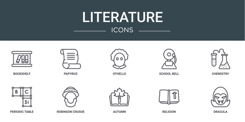 set of 10 outline web literature icons such as bookshelf, papyrus, othello, school bell, chemistry, periodic table, robinson crusoe vector icons for report, presentation, diagram, web design, mobile - obrazy, fototapety, plakaty