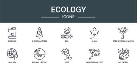 set of 10 outline web ecology icons such as biodiesel, christmas trees, eco, m leaf, tree with many leaves, ecology, natural product vector icons for report, presentation, diagram, web design,