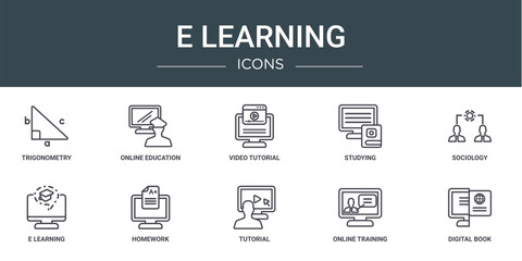set of 10 outline web e learning icons such as trigonometry, online education, video tutorial, studying, sociology, e learning, homework vector icons for report, presentation, diagram, web design,