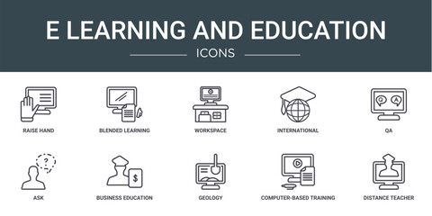 set of 10 outline web e learning and education icons such as raise hand, blended learning, workspace, international, qa, ask, business education vector icons for report, presentation, diagram, web