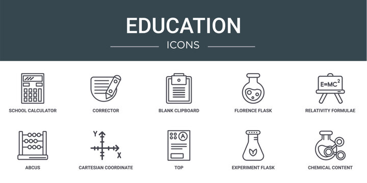 set of 10 outline web education icons such as school calculator, corrector, blank clipboard, florence flask, relativity formulae, abcus, cartesian coordinate system vector icons for report,