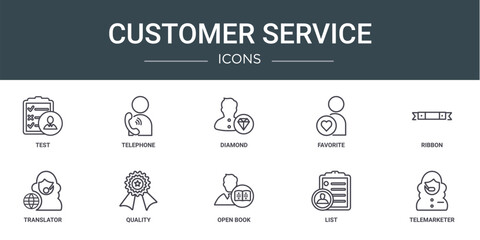 set of 10 outline web customer service icons such as test, telephone, diamond, favorite, ribbon, translator, quality vector icons for report, presentation, diagram, web design, mobile app