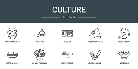 set of 10 outline web culture icons such as native american mask, wontons, bo kaap, australian flag, fried shrimp, imperial carp, brazil carnival mask vector icons for report, presentation, diagram,