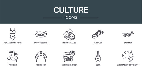 set of 10 outline web culture icons such as female bikini piece, cantonese fish, indian village, kankles, calumet, pico cao, kokoshnik vector icons for report, presentation, diagram, web design,