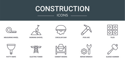 set of 10 outline web construction icons such as measuring wheel, working shovel, circular saw, pick axe, tiles, putty knife, electric tower vector icons for report, presentation, diagram, web
